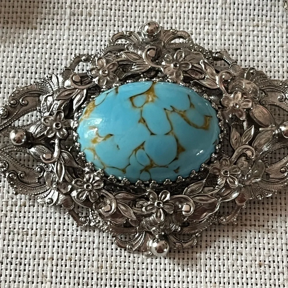 Vintage Whiting and Davis turquoise silver Brooch and Earrings Set, Rare Find..